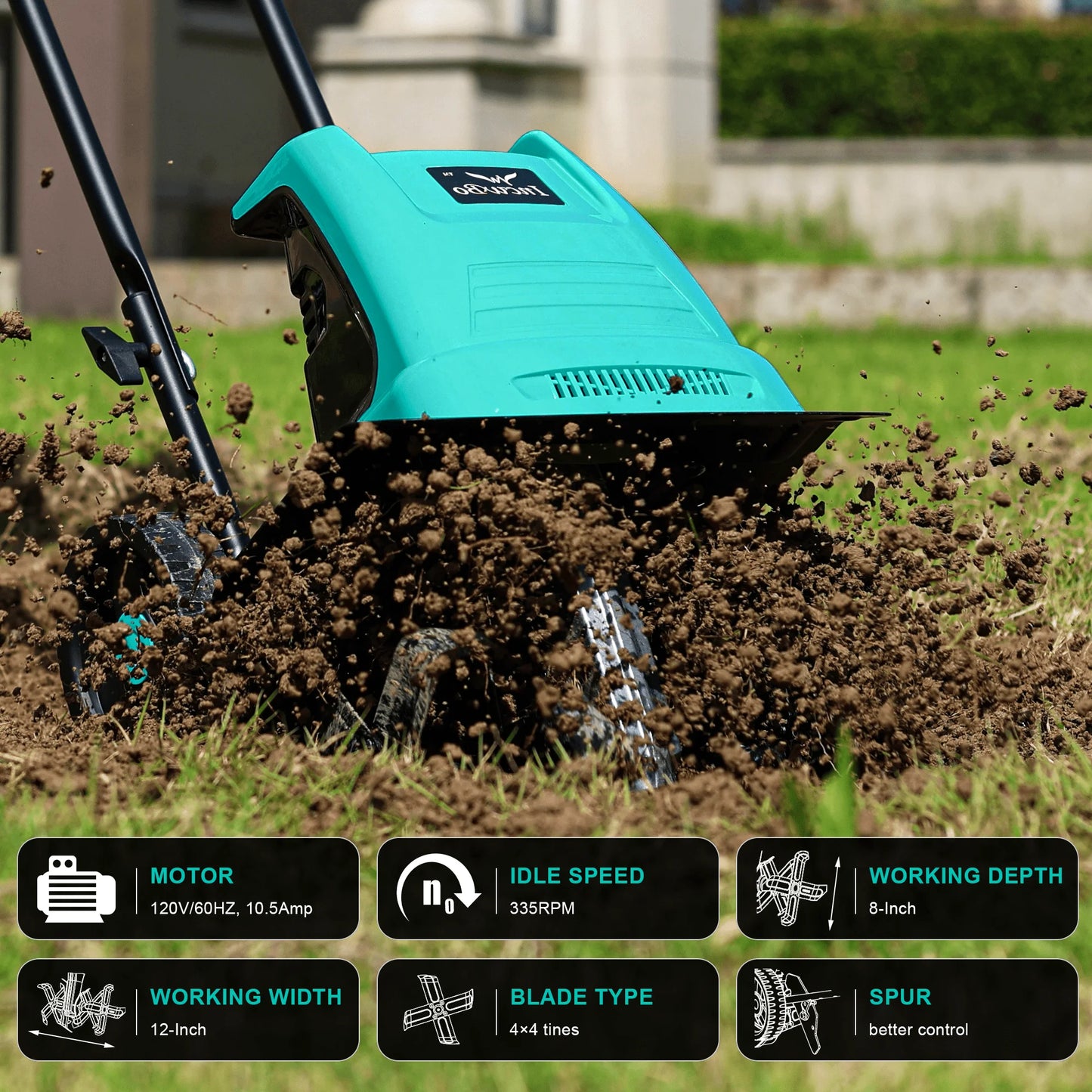 IncwBo Electric Rototiller Garden Tiller 12 Inch Tilling Width 8-Inch Electric Tiller 10.5 Amp Tiller Cultivator for Garden Yard