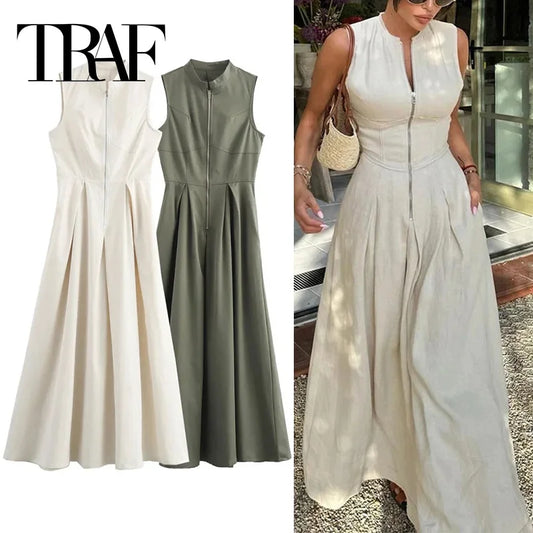 TRAF Zipper Long Dress Women Pleated Sleeveless Bodycon Dress Summer Elegant Party Midi Dresses 2024