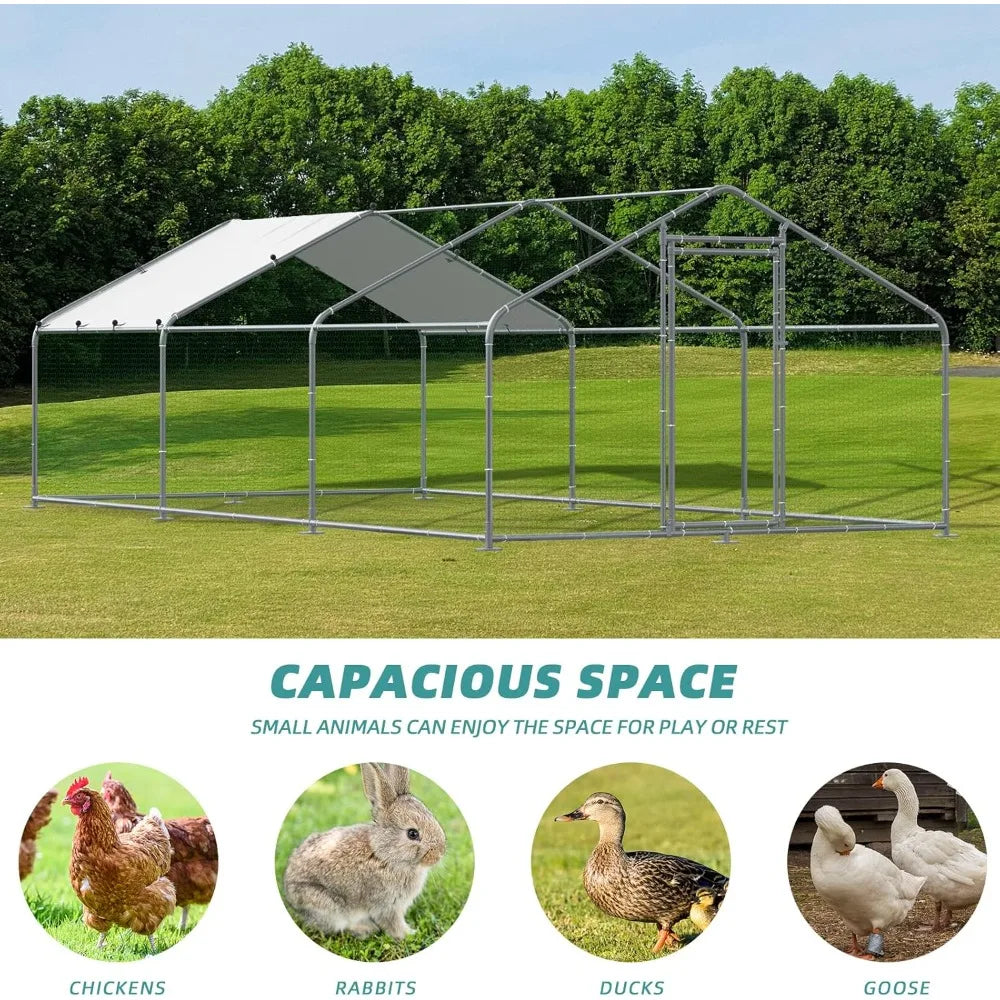 Large Metal Chicken Coop Run Walk In Enclosure Poultry Hen Run House Spire Shaped Chicken Pen with Waterproof and Anti UV Cover