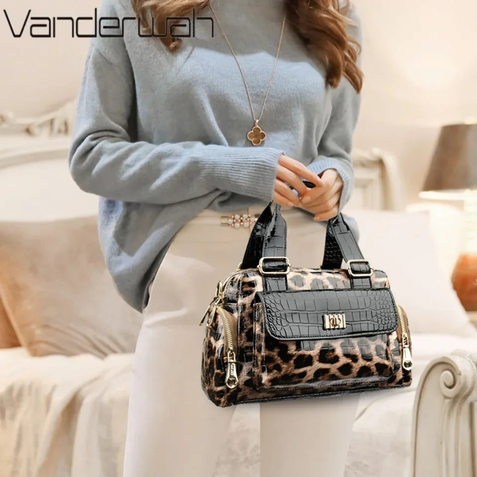 VANDERWAH Fashion Leopard Print Women's Boston Bag Luxury Designer Handbag High Quality PU Leather Lady Shoulder Crossbody Bag