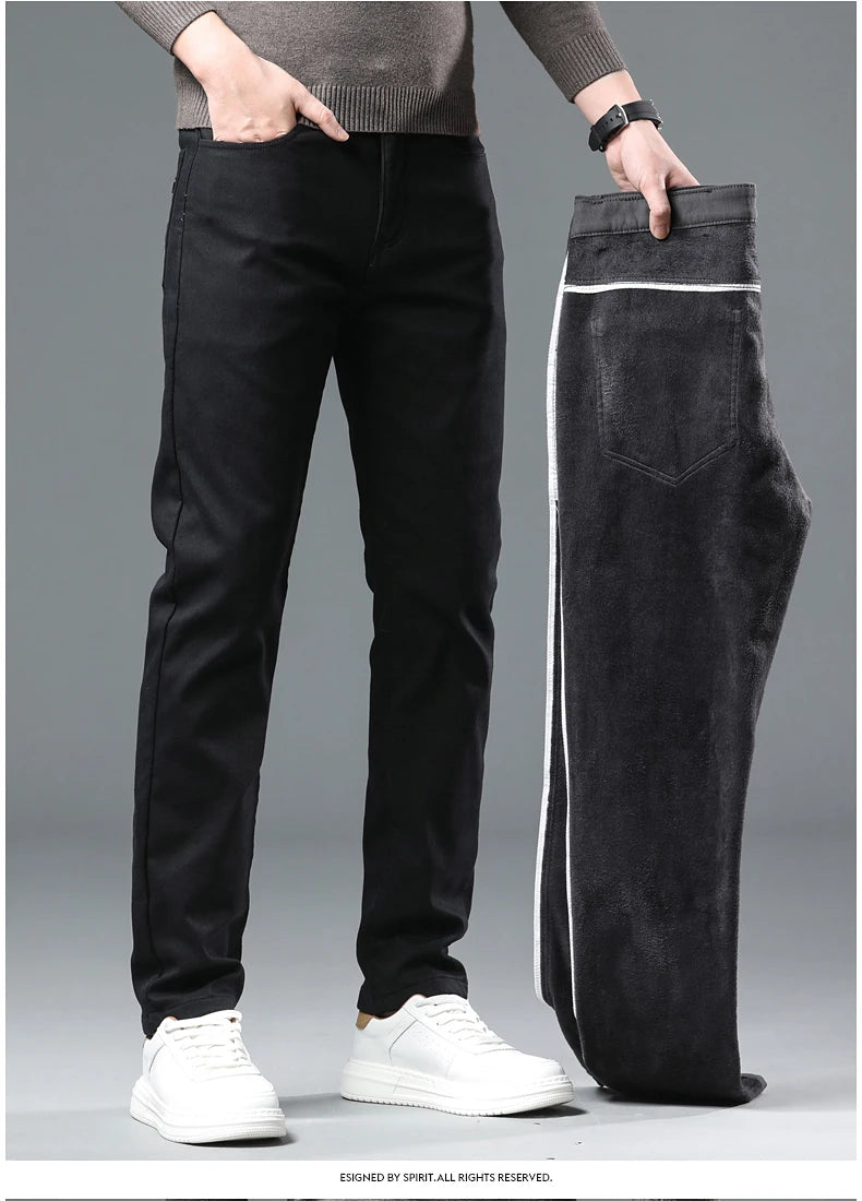 Winter New 2025 Fleece Pants Men's Thick Slim Elastic Business Casual Velvet Pants Warm Fashion Solid Color Plush Trousers Male
