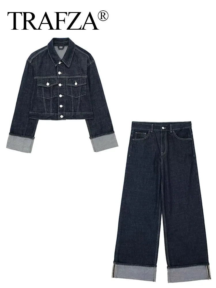 Trafa Women Vintage Denim Jacket Pant Set Single Breasted Lapel Long Sleeve Coat Wide Leg Trousers High Street Outfit