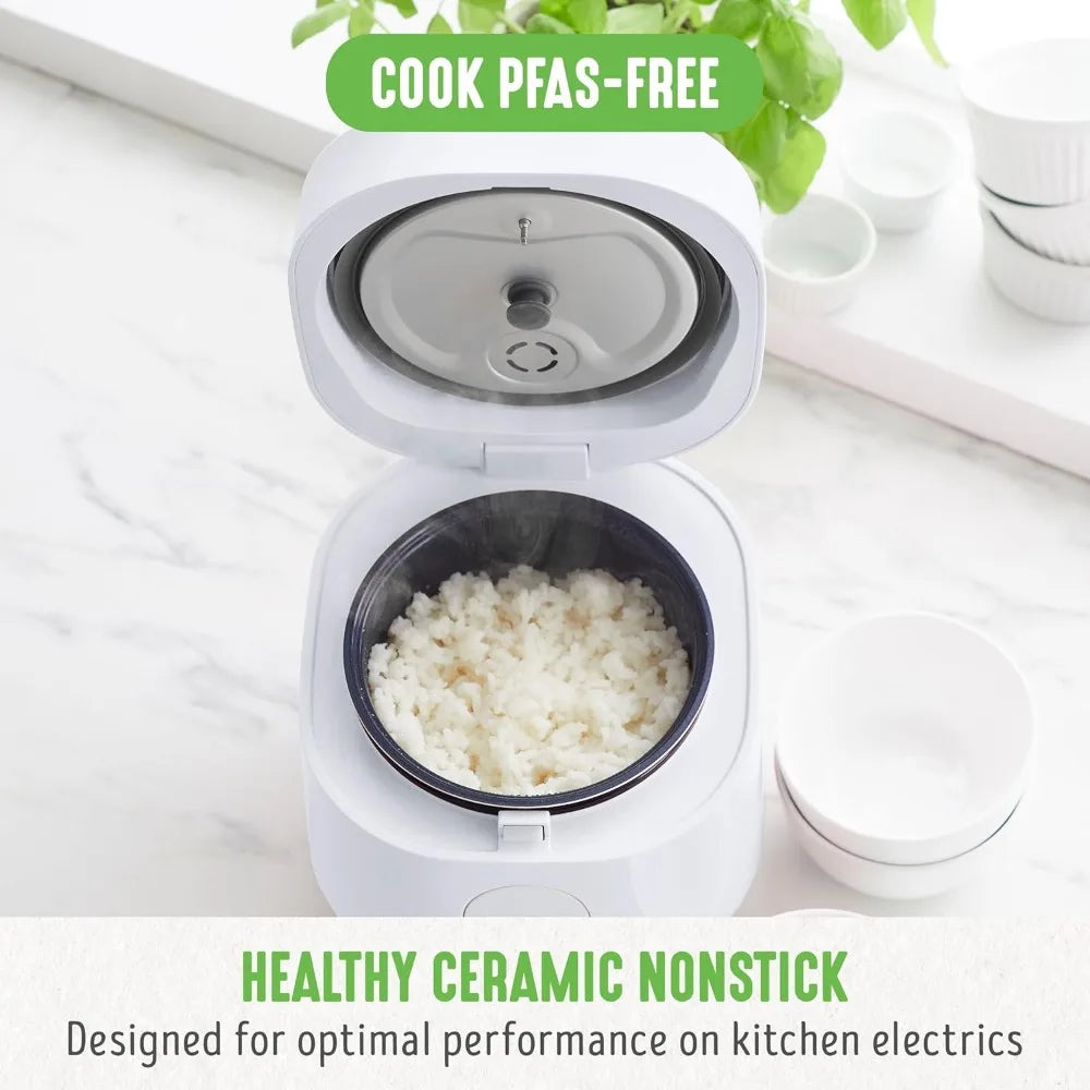4-Cup Rice Beans Oats and Grains Cooker, Healthy Ceramic Nonstick, Easy to Use Automatic Presets, White