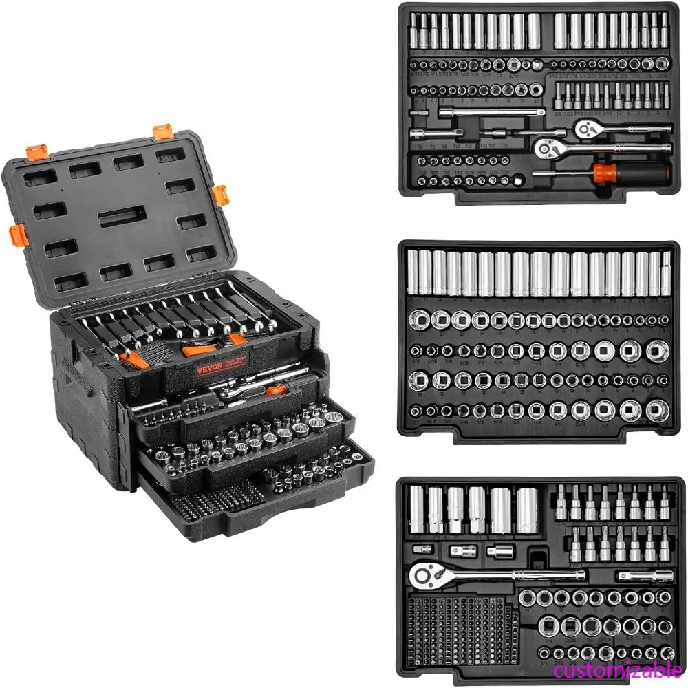Comprehensive Mechanics Tool Kit: 450-Piece SAE and Metric Socket Set with 1/4, 3/8, and 1/2 Drive Deep and Standard Socke