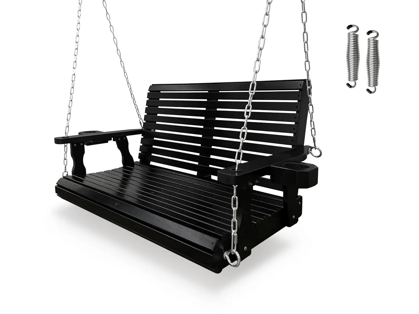Wooden Porch Swing 2-Seater, High Backrest and Deep Seat, Bench Swing with Cupholders, Hanging Chains and 7mm, Customized
