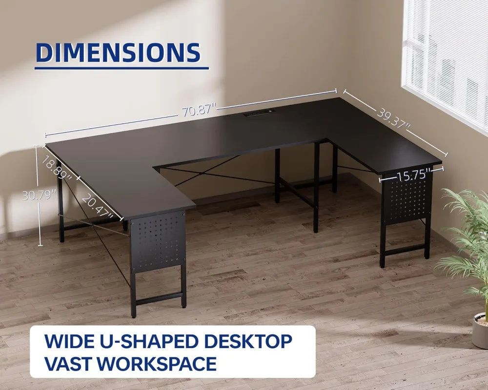 71 Inch U-Shaped Corner Desk with Power Outlets & USB Ports for Home Office Gaming Black
