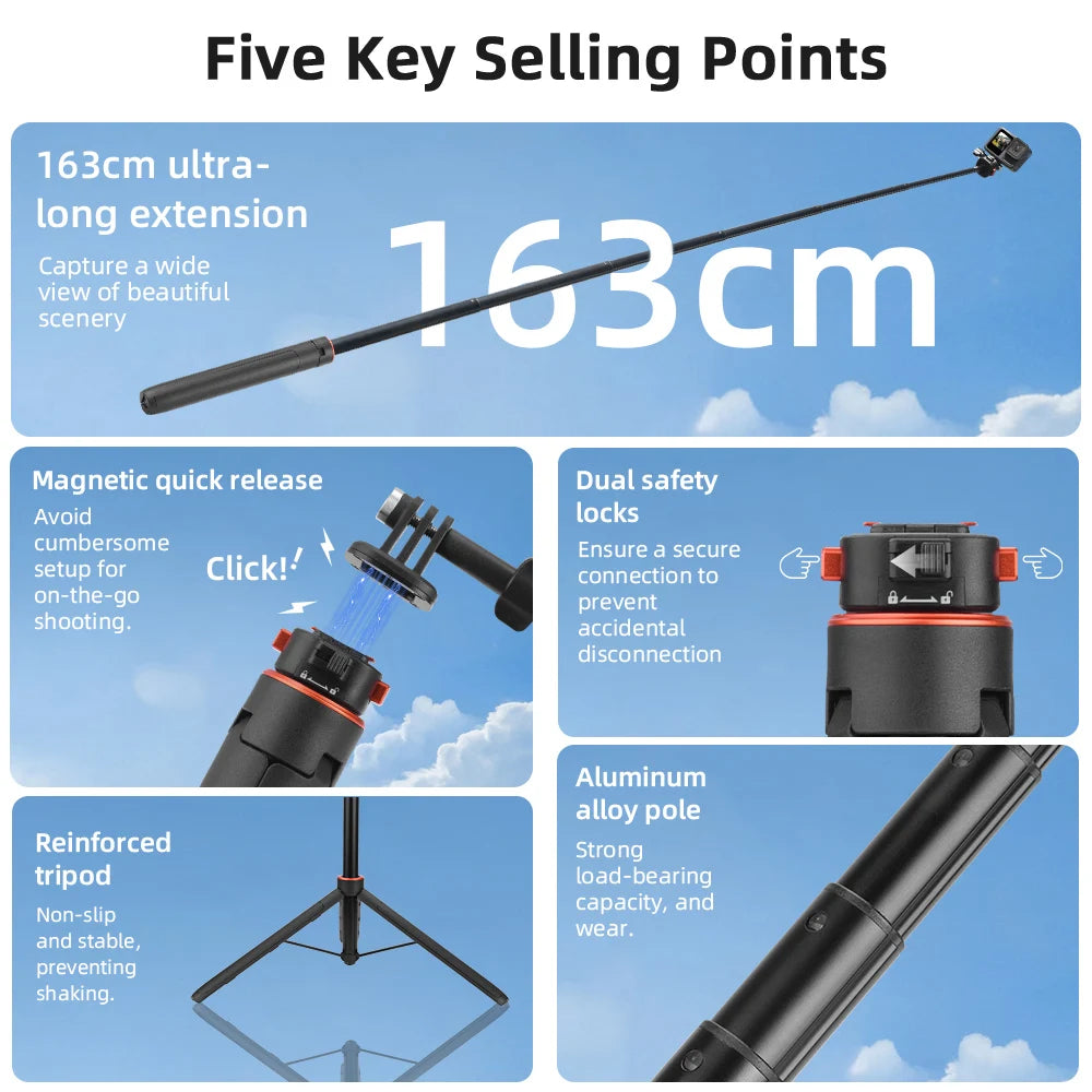 Flymile Selfie Sticks Tripod 31.5-163CM Holder for DJI Pocket 3/Action 5 Pro/Insta360 X5/Ace Pro 2/Gopro 13/ Camera Accessories