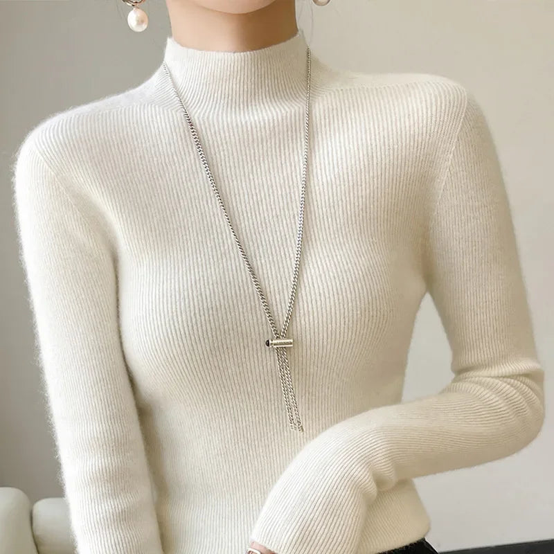 Autumn Winter Women Sweater Slim Fit High Strecth Pullovers  Long Sleeve Inner Wear Mock Neck Knitted Tops Korean Fashion Jumper