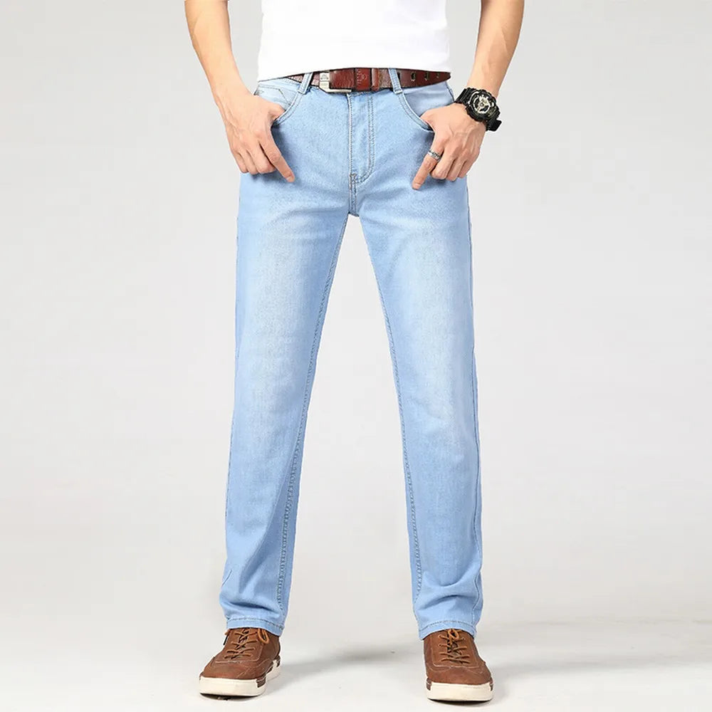 Wthinlee Spring Summer Business Jeans for Men Light Blue Casual Straight Stretch Fashion Classic Work Denim Trousers
