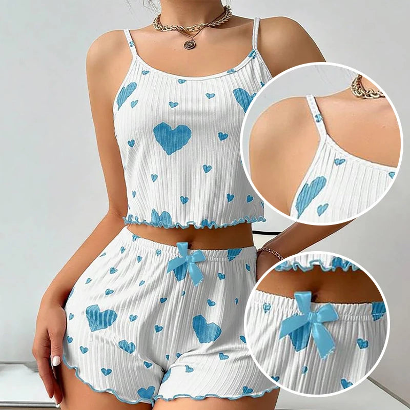 Women's 2 Piece Pajama Set Casual Sleepwear Short Tank Tops and Shorts White Soft Ventilate Love Print S M L