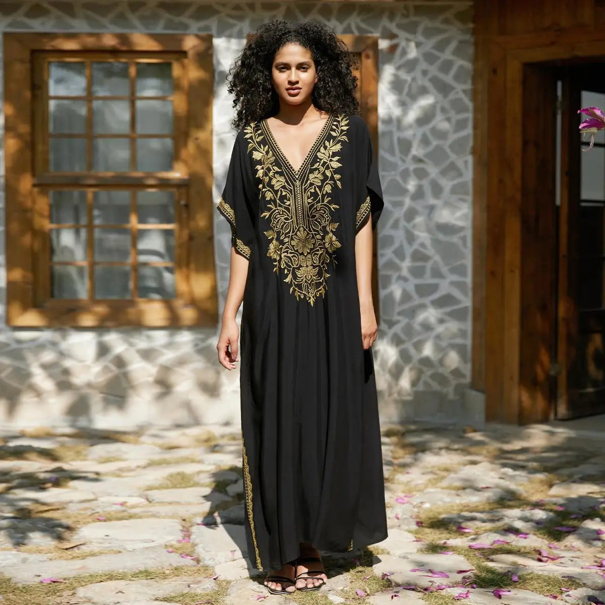 Gold Embroidery Beach Dress with Side Split Design and Oversized Fit