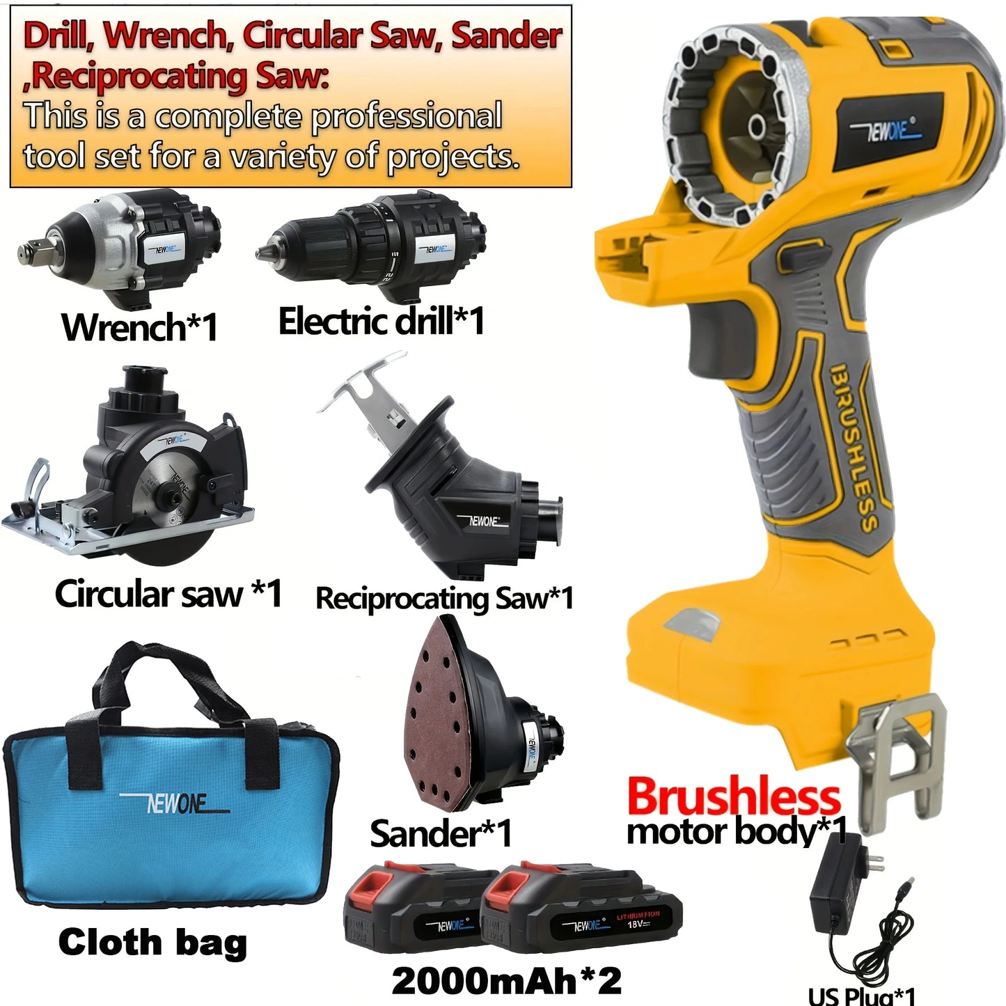 Brushless multifunctional 5-in-1 power tool combination set, a variety of accessories combination is very practical a good gift
