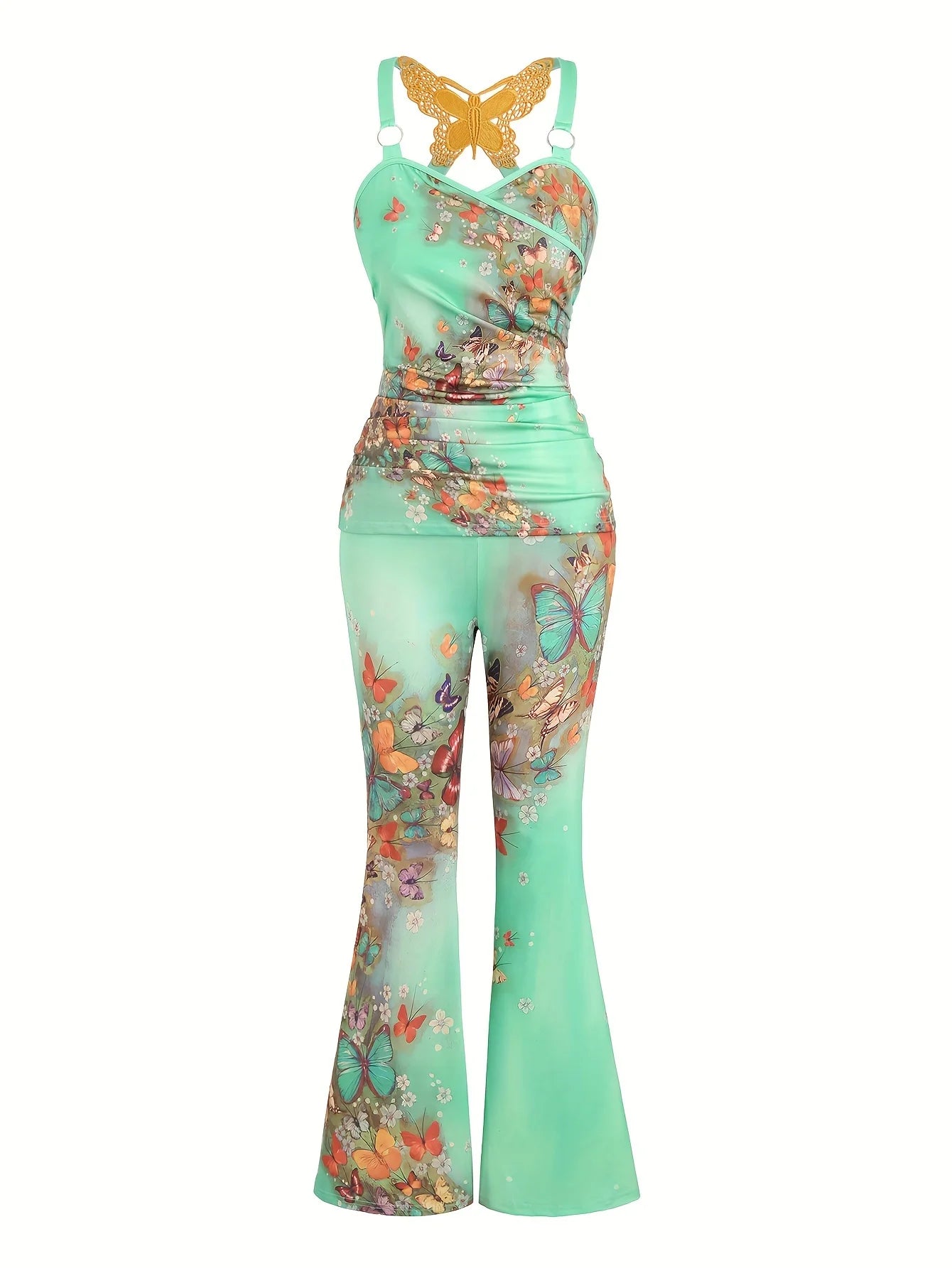 European and American Fashion New Butterfly Lace Cross Vest and Wide Leg Trousers Two Piece Suit