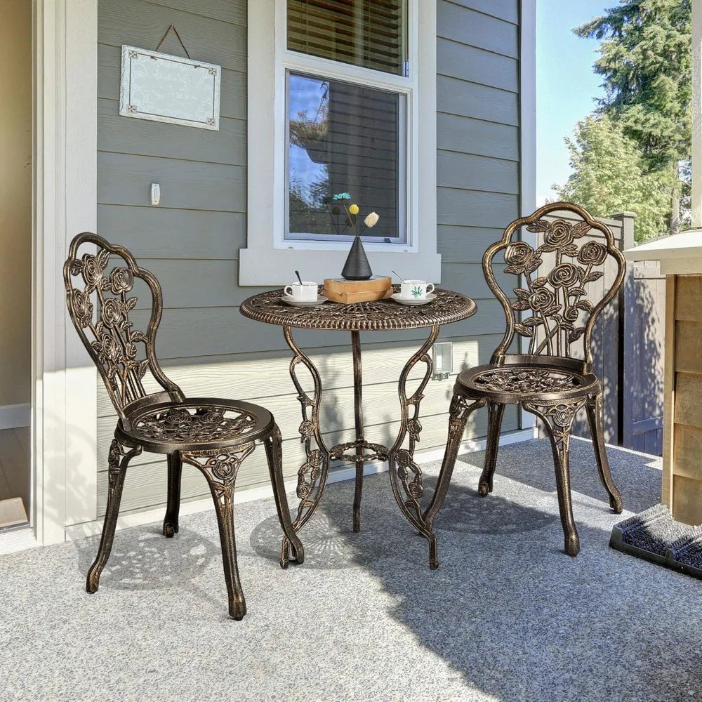 3 Piece Outdoor Bistro Set with Rose Design Rust Resistant Cast Aluminum Table and Chairs with Umbrella Hole for Balcony and Backyard