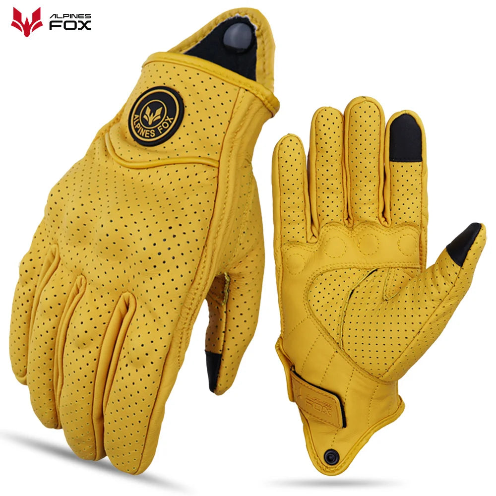 Vintage Goatskin Motorcycle Gloves Men Summer Yellow Retro Leather Guantes M-XXL