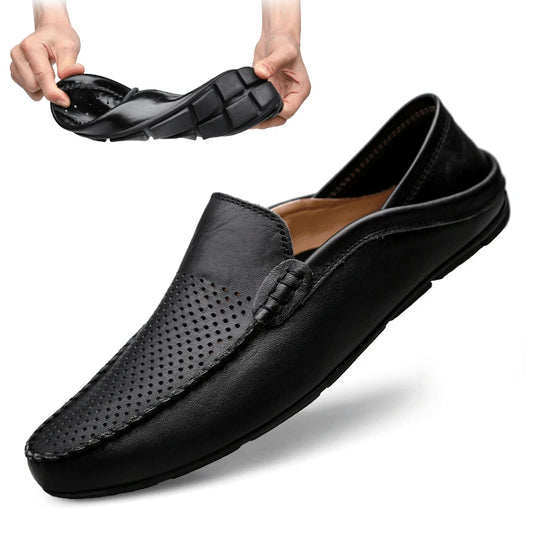 Summer Men Casual Shoes Leather Moccasins Breathable Slip On Boat Shoes Italian Luxury Brand Mens Driving Loafers Size 37 to 47