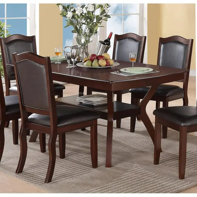 7pc Formal Dining Set with Solid Wood Table, Shelve & 6 Chairs in Espresso Finish