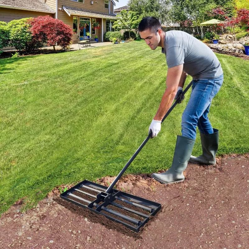 4 Spiked Wheels and Smooth Roller Lawn Leveling Rake for Landscaping and Restoration