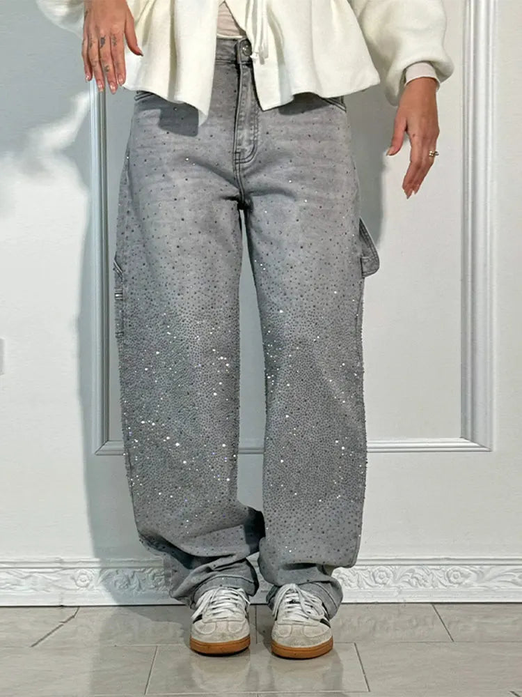 Shiny Rhinestone Baggy Women's Wide Leg Jeans Full Diamond Dragging Denim Pants Vintage Washed Casual Trousers