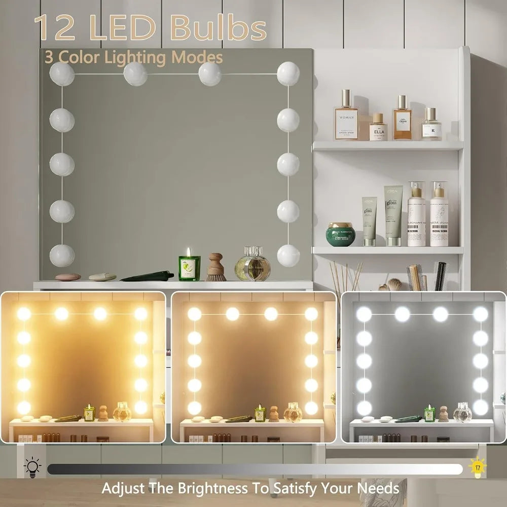 37 Inch White Vanity Desk with Lights and Adjustable Brightness Vanity Mirror Set with 5 Drawers for Bedroom