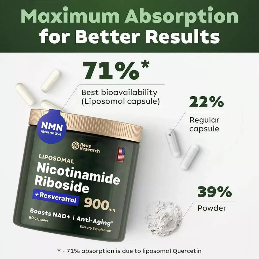 NAD Plus Supplements for Anti Aging Energy Focus Nicotinamide Riboside Resveratrol 30 Capsules