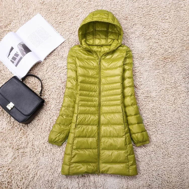 Plus Size White Duck Down Jacket Lightweight Down Coat for Women Hooded Long Winter Wear