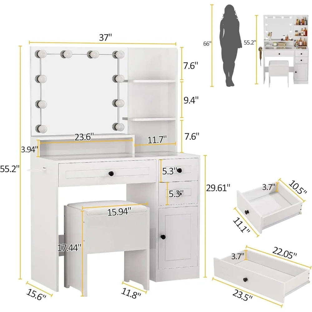 Makeup Vanity Desk with Mirror and Lights White Vanity Set with Drawers and Stool Modern Dressing Table with Glass Top