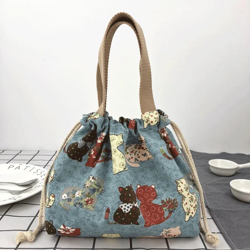 Japanese Cute Bento Bag Tote Canvas Lunch Bag Cartoon Anime Drawstring Bag Foldable for Two Lunch Boxes