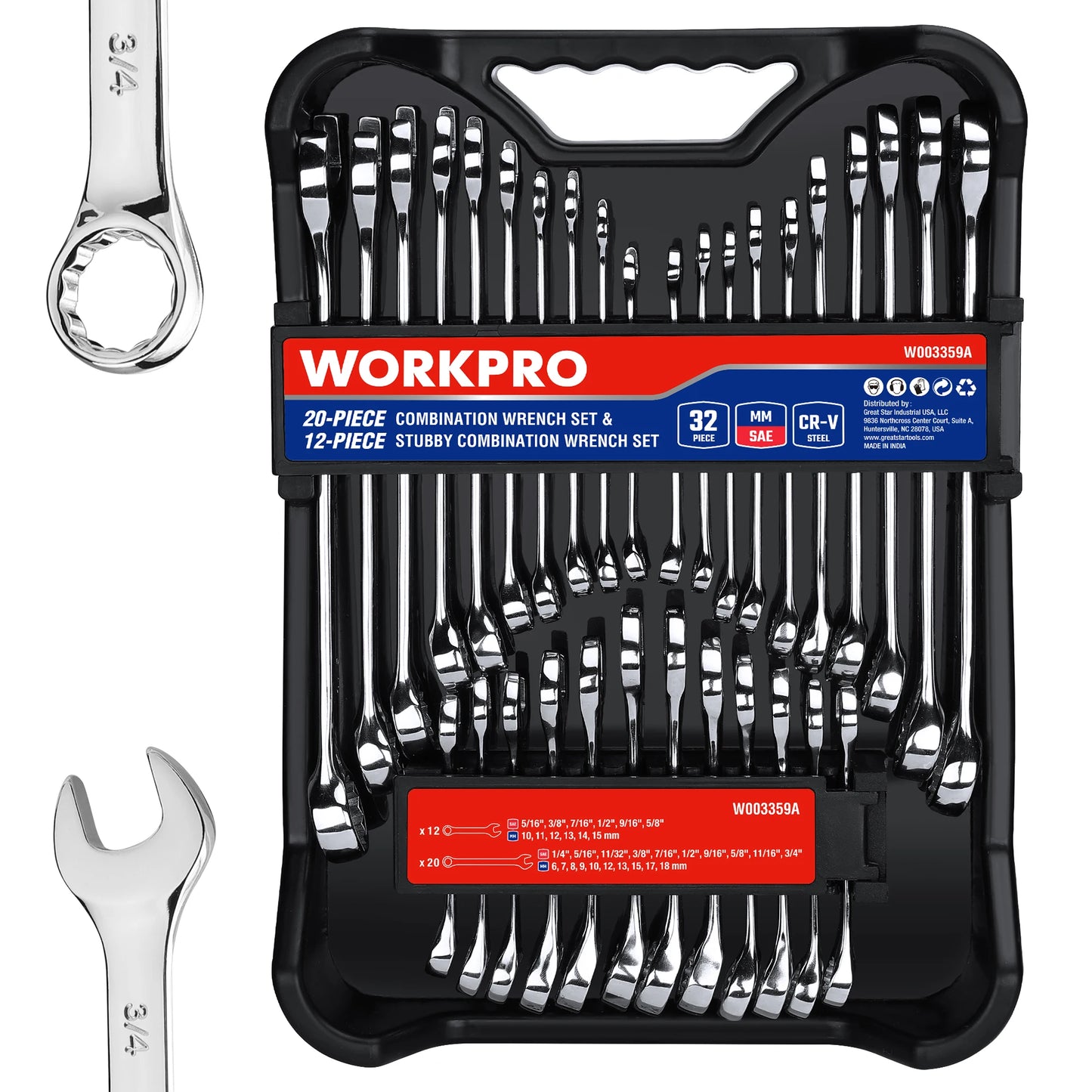 Workpro 32 Piece SAE and Metric Combination Wrench Set with 20 Piece Standard Wrenches and 12 Piece Stubby Wrenches Organizer