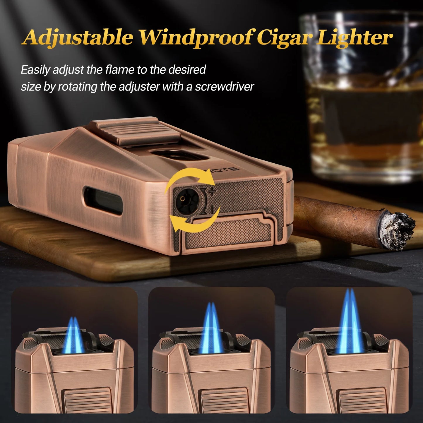 AWOTE Cigar Lighter with Double Jet Flame, Refillable Cigar Torch Lighter with Cigar Holder, V-Cigar Cutter, Cigar Draw Enhancer