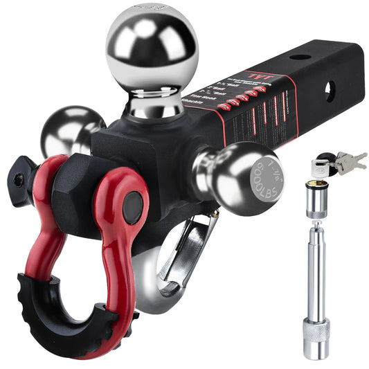 TYT Tri Ball Hitch Mount 2 Inch Receiver with 1 7/8 Inch 2 Inch 2 5/16 Inch Balls Tow Hook and Clevis Shackle with Locks Black