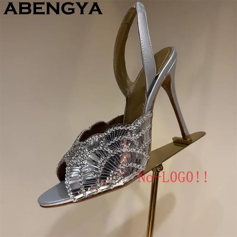 2026 Summer Trendy New Shiny Fish Mouth Toe Sexy Stiletto Sandals Woman Quality Sequined Thin High Heel Slippers for Women Shoes