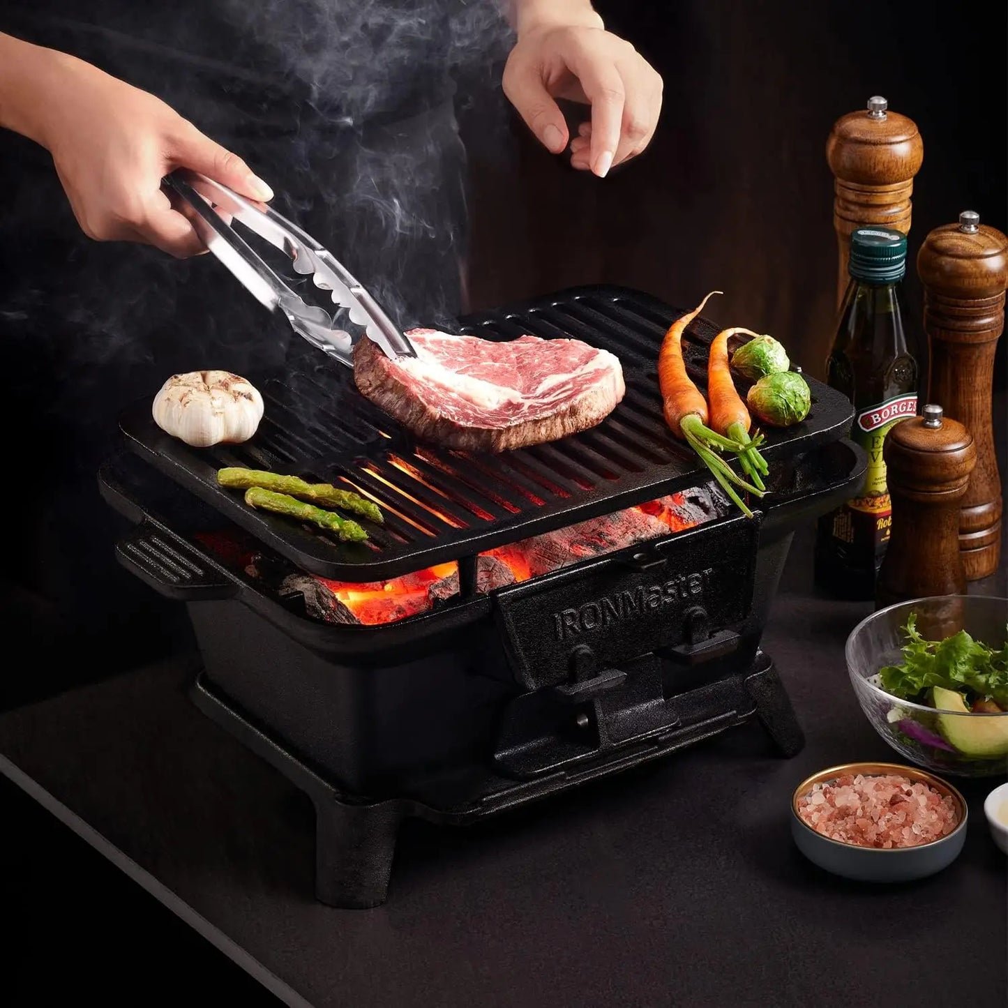 Hibachi Grill Outdoor Small Portable Charcoal Grill 100 Percent Pre Seasoned Cast Iron Japanese Yakitori Camping Grill Two Heights
