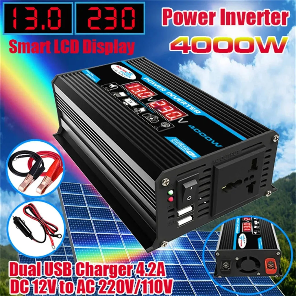 Car Power Inverter LED Display 4000W 12V to 220V 110V Converter Charger Adapter Multiple Protection Dual USB Voltage Transformer