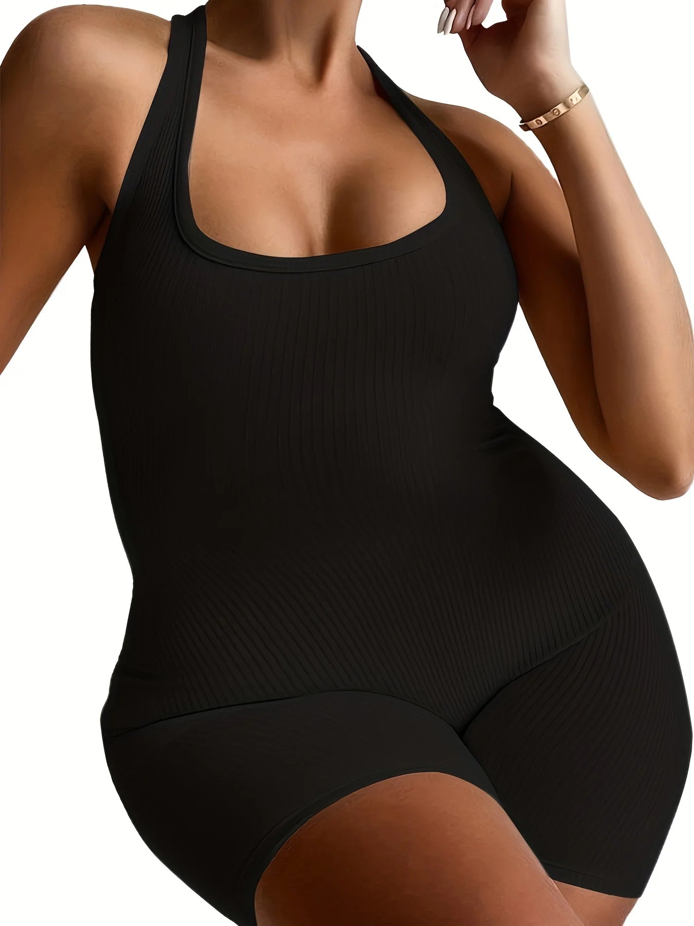 Plus Size Fashion Black Halter Jumpsuit for Women Solid Color Sexy Body-Con Black Clothing