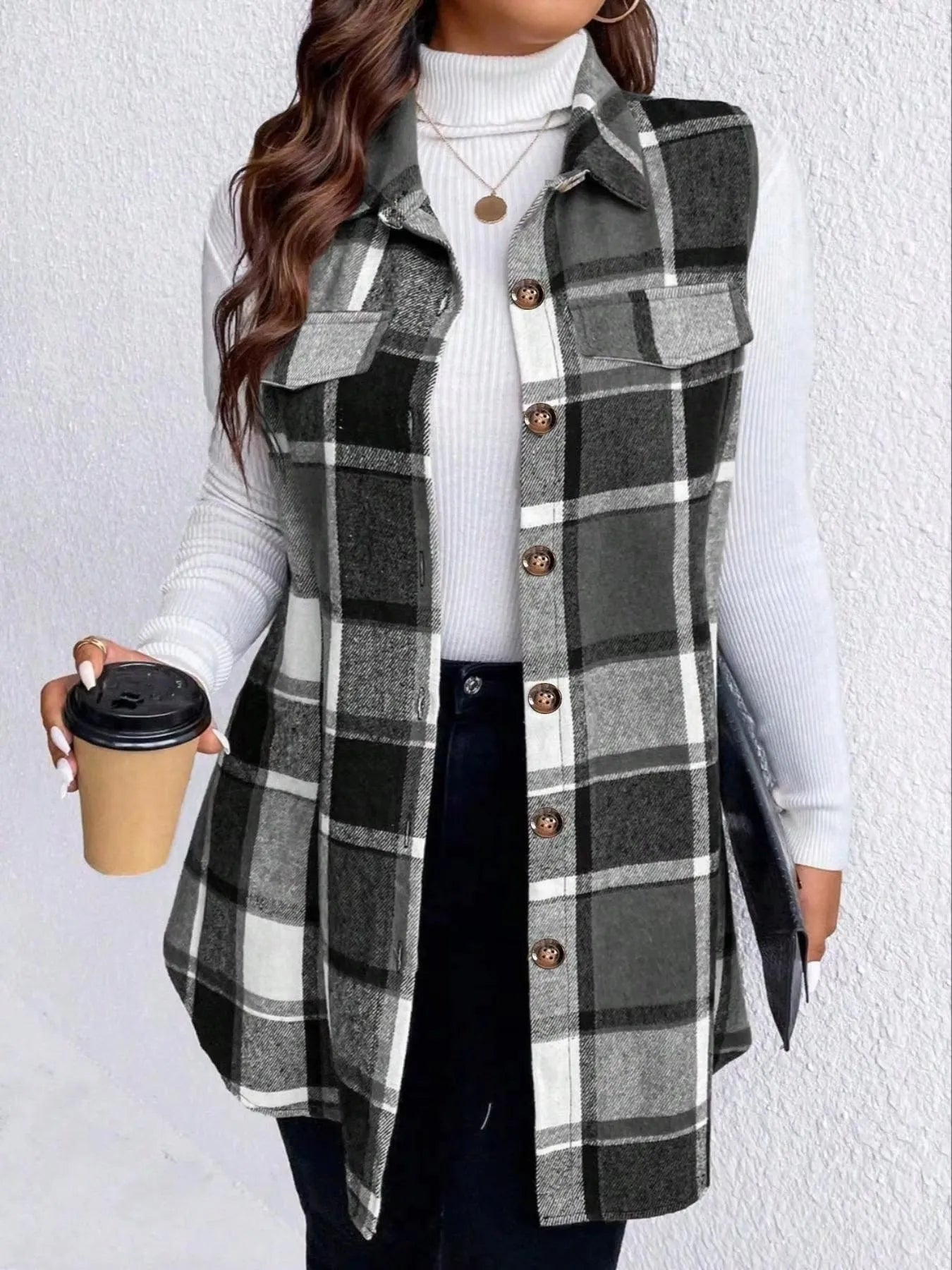 Women Plus Size 1XL to 5XL Plaid Print Sleeveless Coat Fashionable Thick Thermal Vest for Ladies