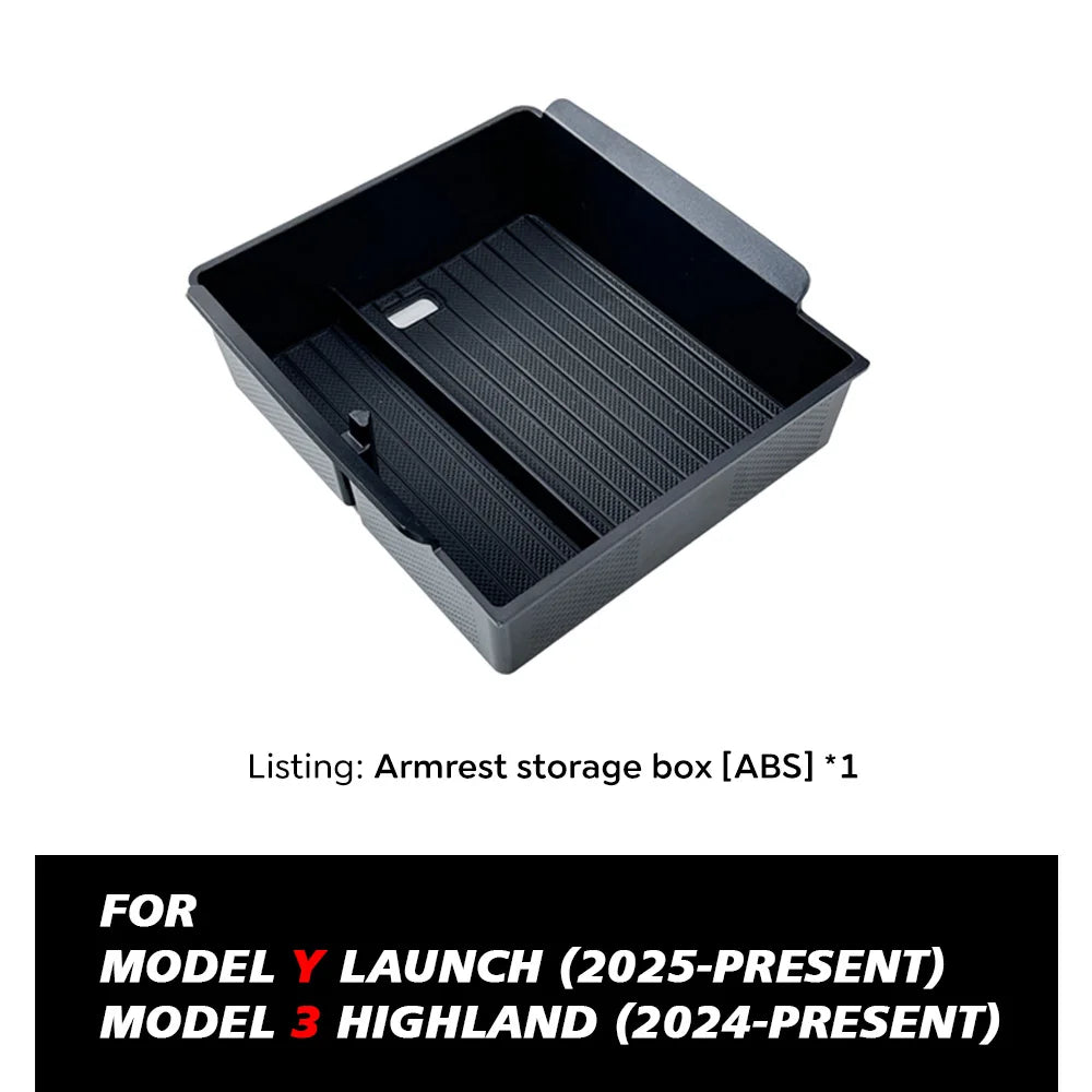 Console And Armrest Storage Box For Tesla New Model Y 2025 Juniper ABS With Silicone Non Slip Mat And Water Cup Holder