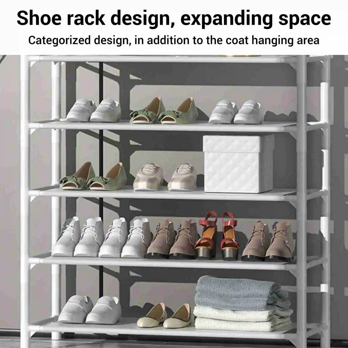 Coat Rack Stand 2 In 1 Entryway Clothes Hanging Organizer Metal Stable Load Bearing with Hooks for Entrance Hall Bedroom Office