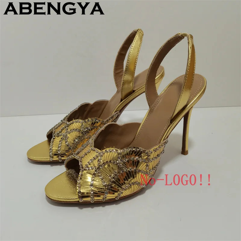 2026 Summer Trendy New Shiny Fish Mouth Toe Sexy Stiletto Sandals Woman Quality Sequined Thin High Heel Slippers for Women Shoes