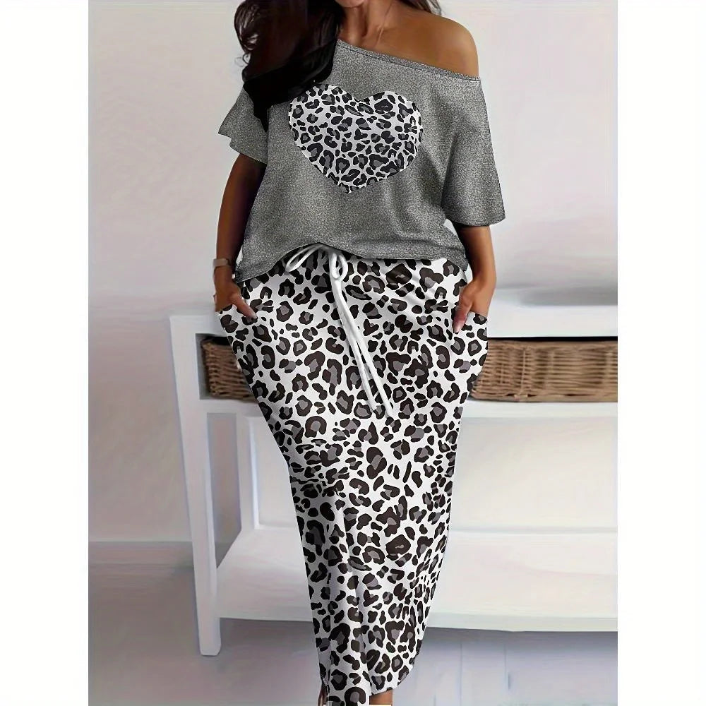 Oversized Heart Shaped Leopard Print Top And Skirt Set
