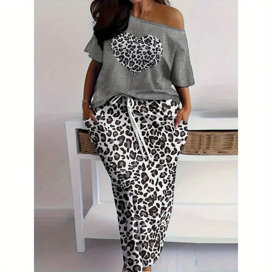 Oversized Heart Shaped Leopard Print Top And Skirt Set