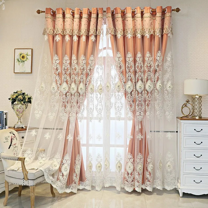 1PC Curtains,Luxury vintage-style embroidered curtains with 3D relief patterns, dual-layer design for privacy and light control