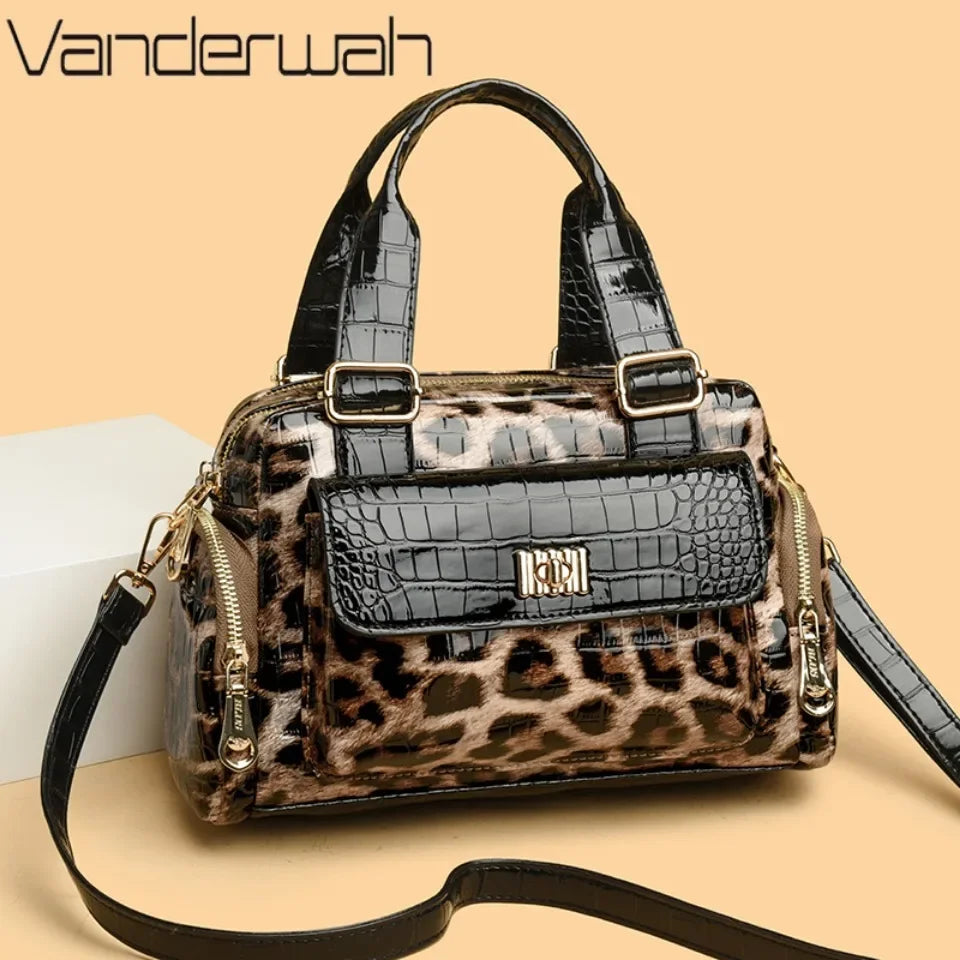 VANDERWAH Fashion Leopard Print Women's Boston Bag Luxury Designer Handbag High Quality PU Leather Lady Shoulder Crossbody Bag
