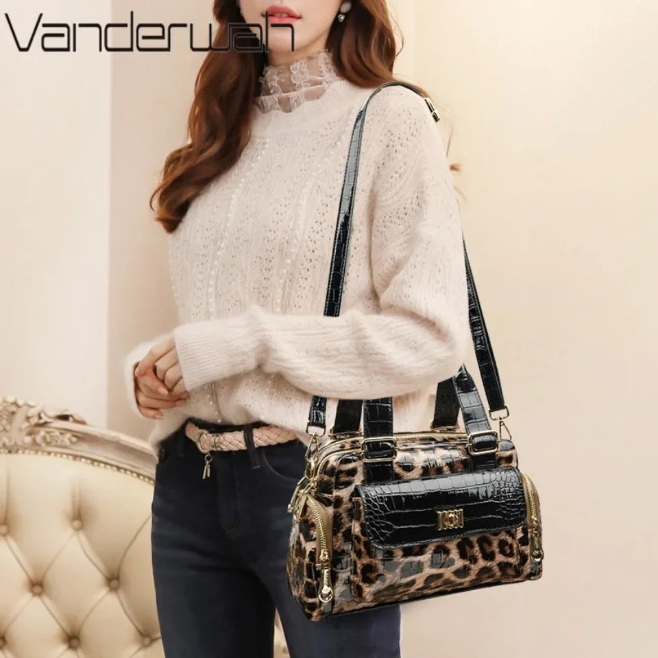 VANDERWAH Fashion Leopard Print Women's Boston Bag Luxury Designer Handbag High Quality PU Leather Lady Shoulder Crossbody Bag
