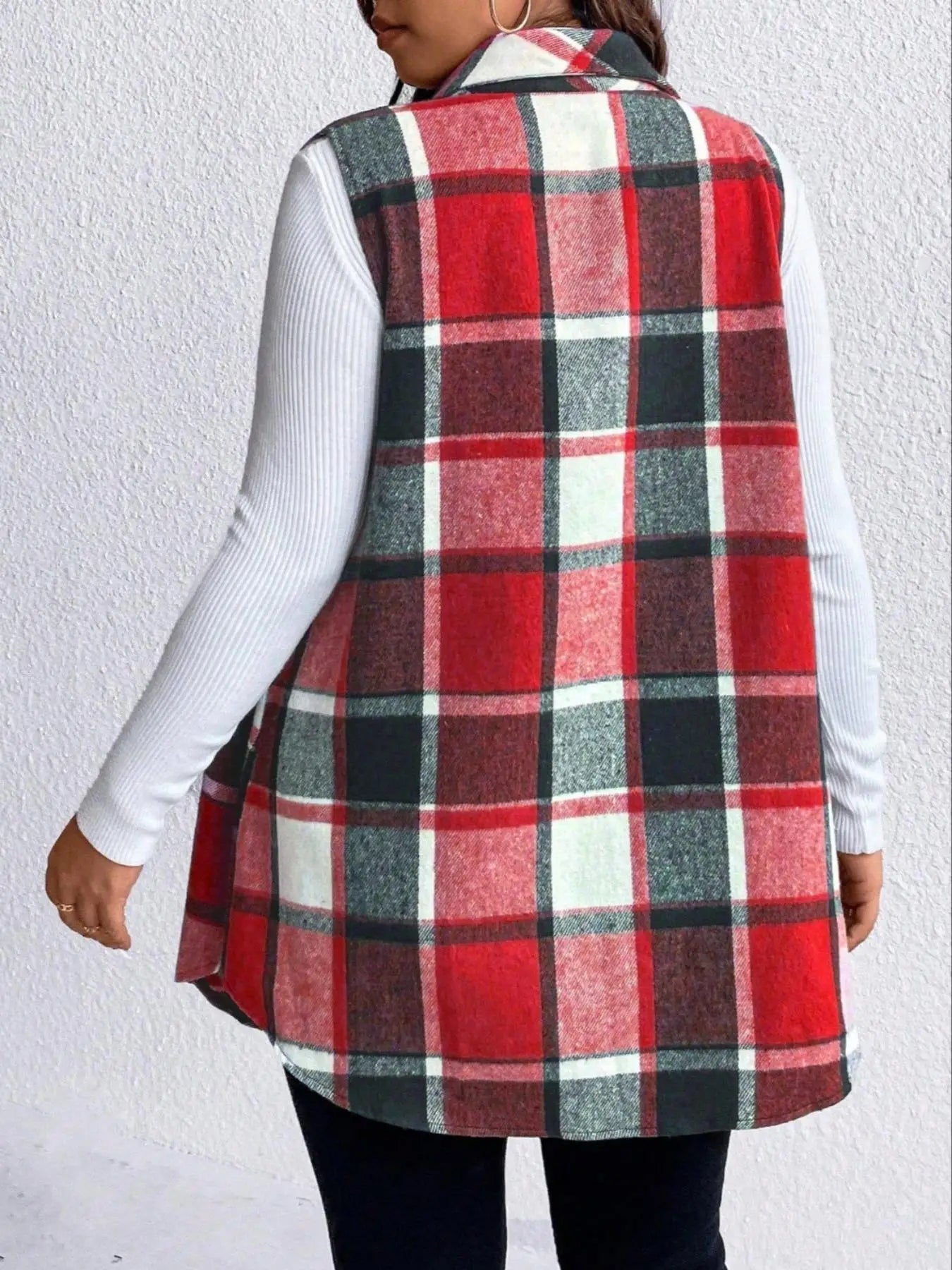 Women Plus Size 1XL to 5XL Plaid Print Sleeveless Coat Fashionable Thick Thermal Vest for Ladies