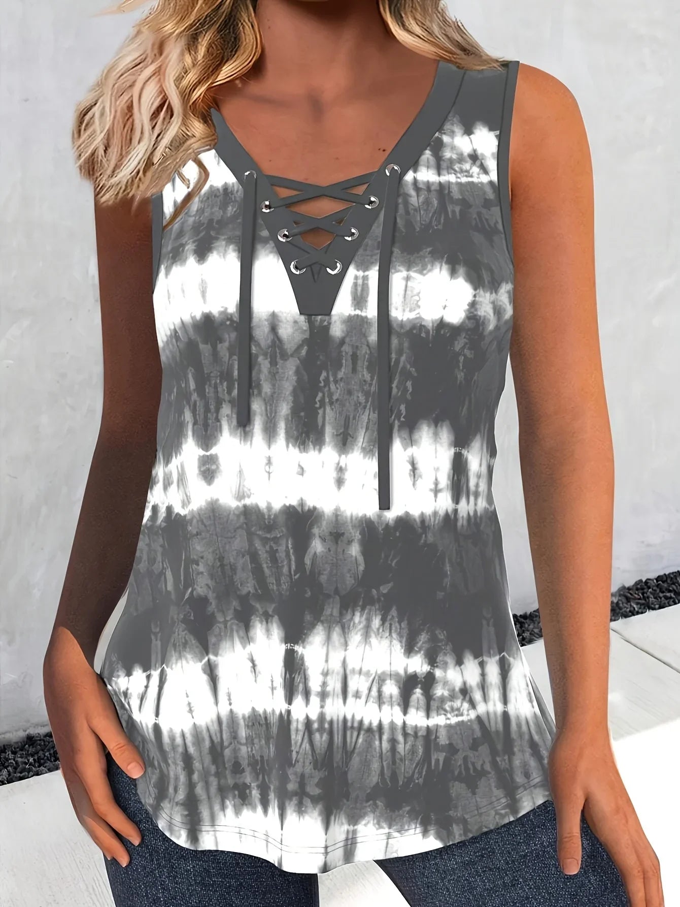 Plus Size Women Fashion Tie Dye Print Sleeveless Tank Tops Casual Round Neck Crisscross Detail Summer Wear 1XL to 5XL