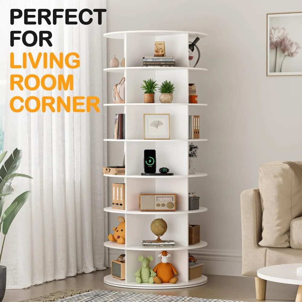 Rotating Shoe Rack Tower 7 Tier Organizer Vertical Spinning Shoe Display Lazy Susan 360 Degree Revolving White Shoe Rack Storage