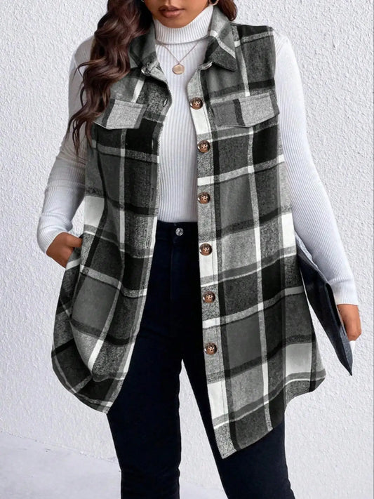 Women Plus Size 1XL to 5XL Plaid Print Sleeveless Coat Fashionable Thick Thermal Vest for Ladies