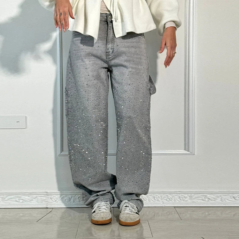 Shiny Rhinestone Baggy Women's Wide Leg Jeans Full Diamond Dragging Denim Pants Vintage Washed Casual Trousers