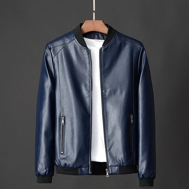 2024 Autumn New Men Black Biker PU Leather Coat Korean Fashion Casual Fit Slim Jacket 8XL